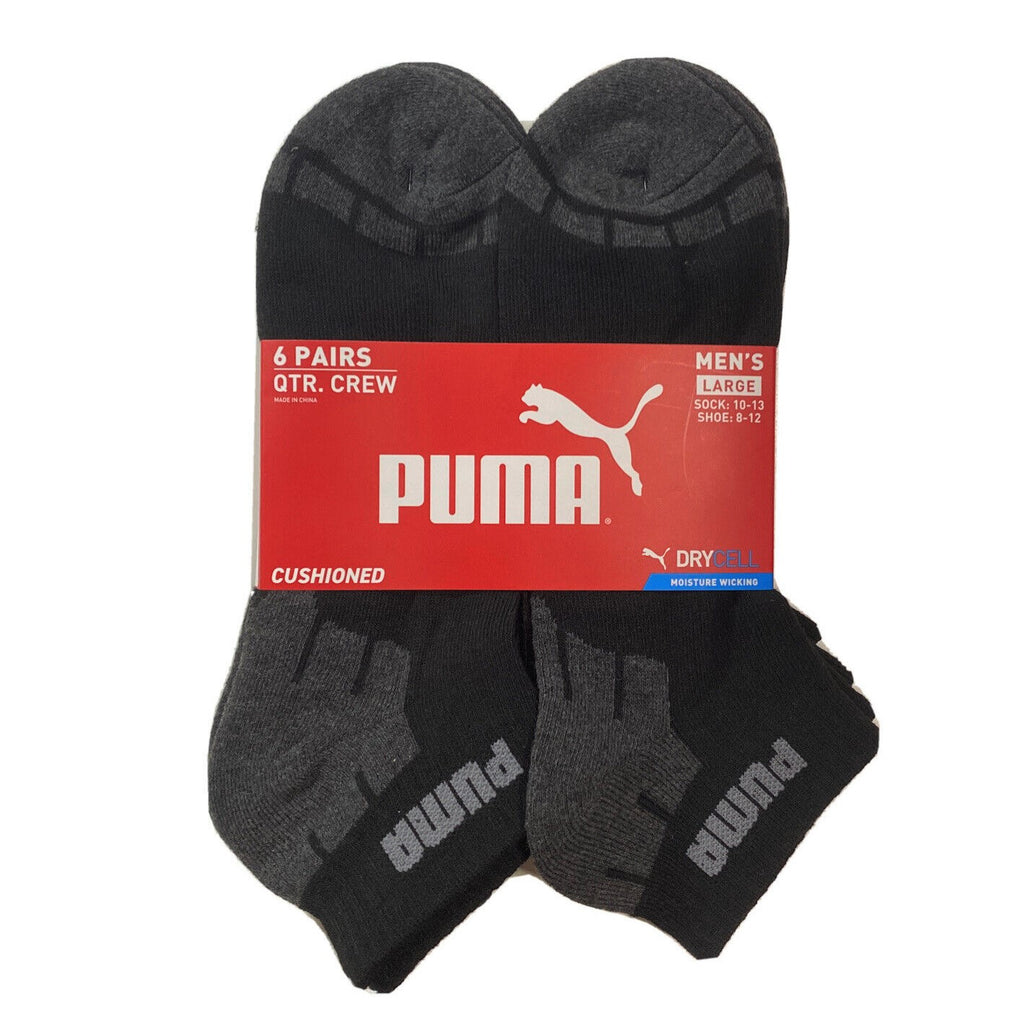 PUMA SOCKS MEN'S - QUARTER CUT - CUBE 243 - BLACK GREY - LARGE (10-13) PACK 6 XX