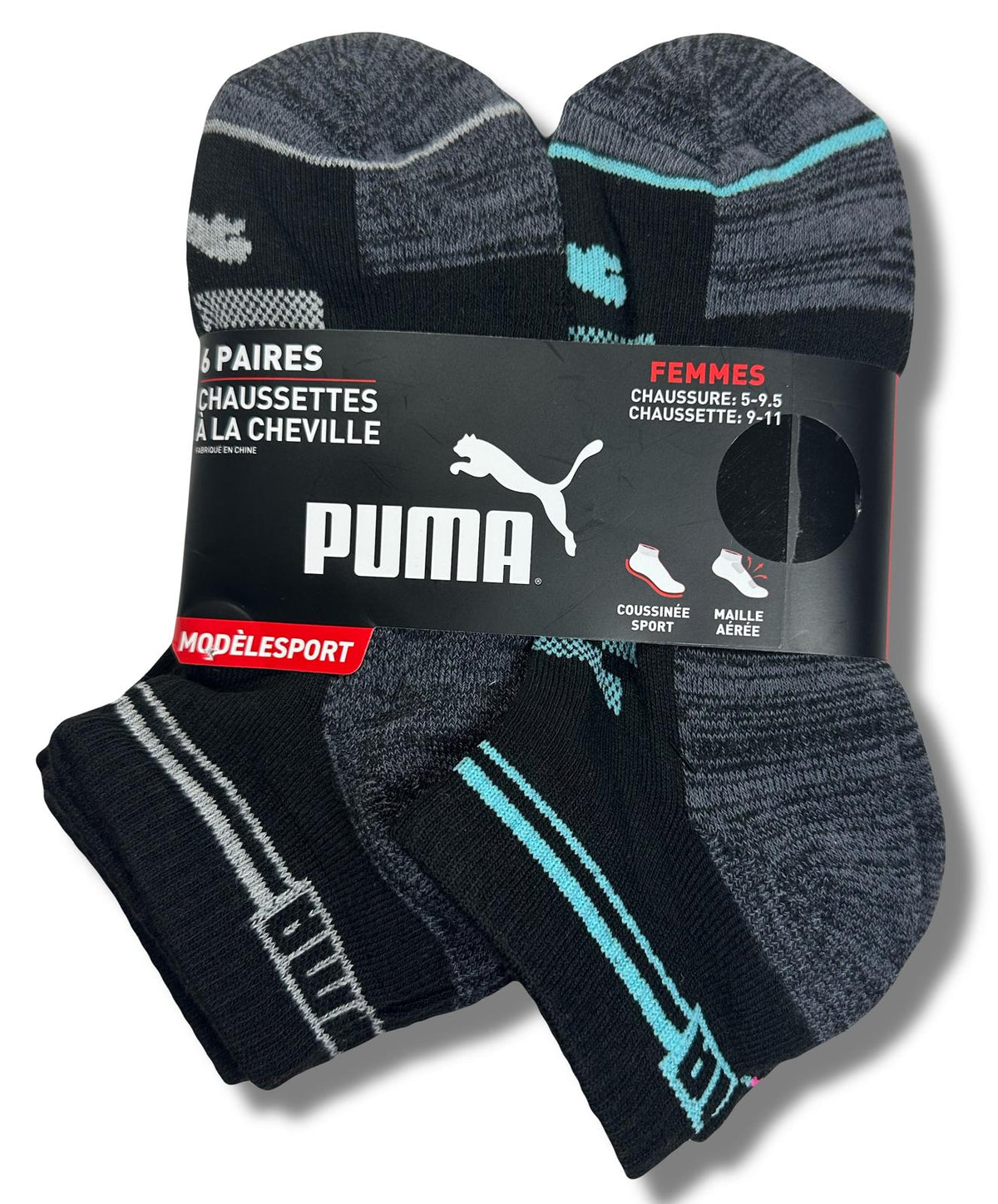 PUMA SOCKS WOMEN'S - QUARTER - GLEE 253 - BLACK CHARCOAL - SHOE SZ 5-9.5 -PACK 6