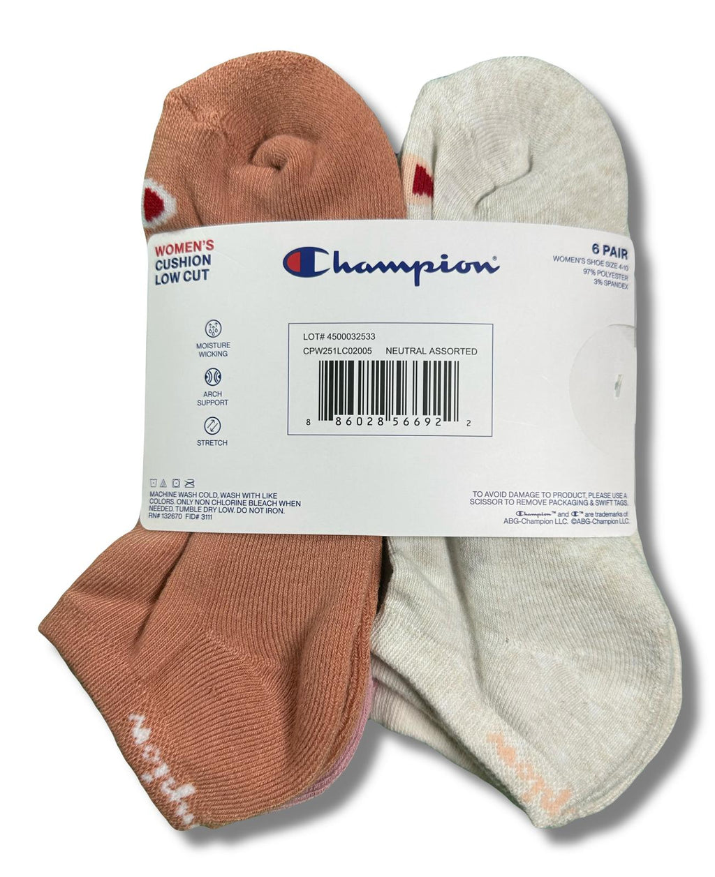 CHAMPION SOCKS WOMEN'S - LOW CUT - 263 PINK WINE - SHOE SZ 5-9 PACK 6