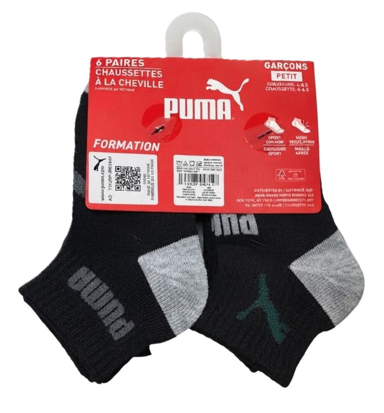 PUMA SOCKS BOYS X6 - QUARTER 263 - BILLY BLACK YELLOW SZ SMALL 4-8.5 - 6 PACK