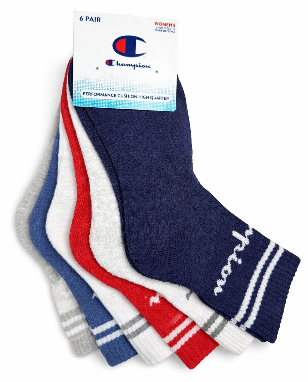 CHAMPION SOCKS WOMEN'S - HIGH QUARTER 263 - BLUE RED - SHOE SZ 4-10 PACK 6