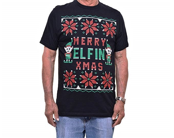 JEM MEN'S TEE SHIRT - CHRISTMAS ELF BLACK MEDIUM - UGLY ELF MERRY ELFIN XMAS