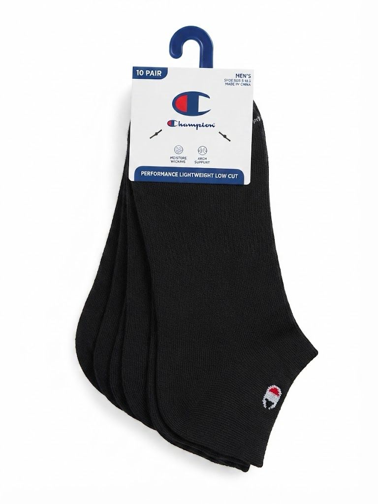 CHAMPION SOCKS MEN'S - LOW CUT 263 - BLACK MINI LOGO - LARGE (6-12) PACK 10 XX