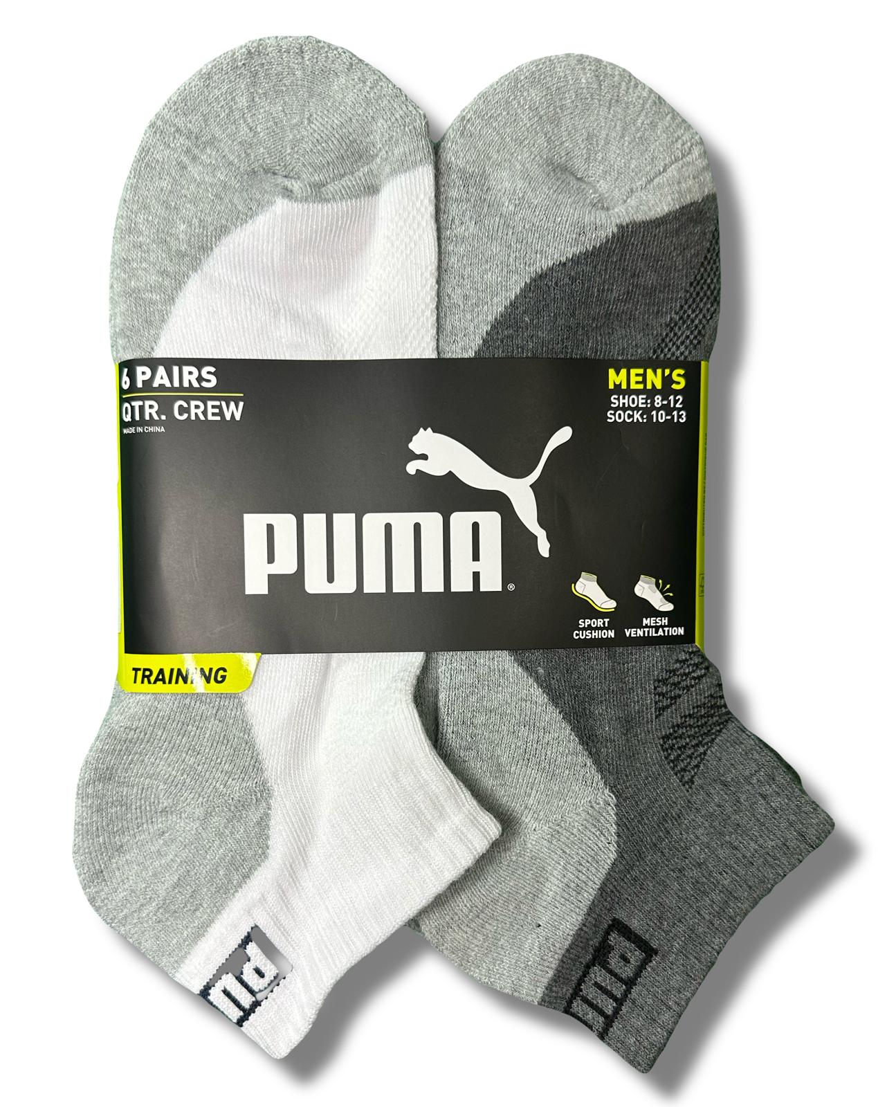 PUMA SOCKS MEN'S - QUARTER CUT - NEXO 253 - WHITE GREY - LARGE (10-13) PACK 6 XX