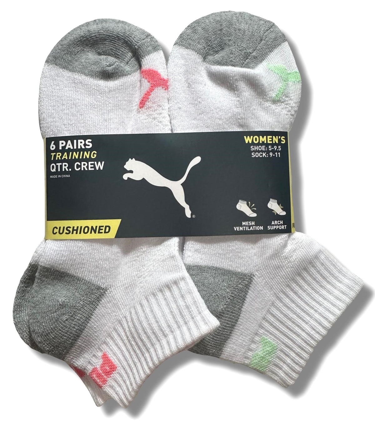 PUMA SOCKS WOMEN'S - QUARTER 243 - EDGE PINK GREEN - SHOE SZ 5-9.5 - PACK 6
