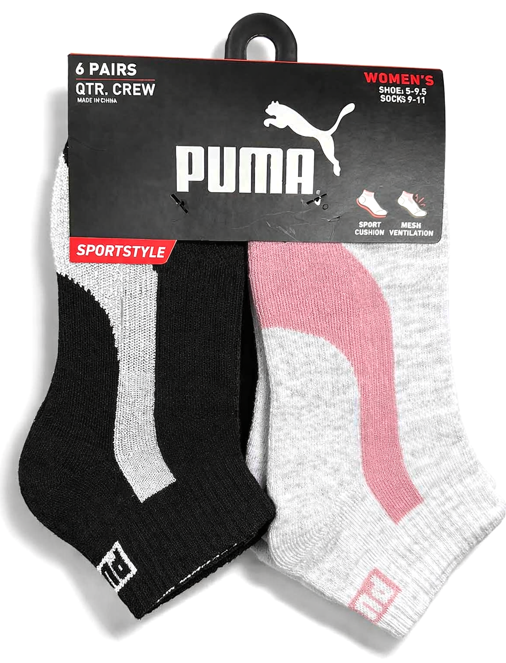 PUMA SOCKS WOMEN'S - QUARTER 263 - PIPE BLACK PINK - SHOE SZ 5-9.5 - PACK 6
