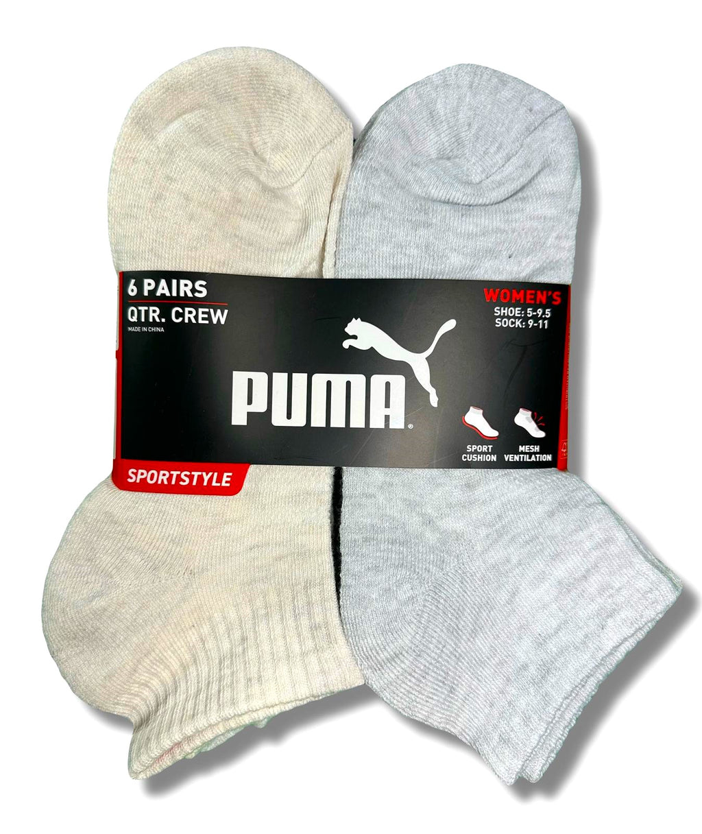 PUMA SOCKS WOMEN'S - QUARTER 253 - FERN CREAM GREY - SHOE SZ 5-9.5 -PACK 6