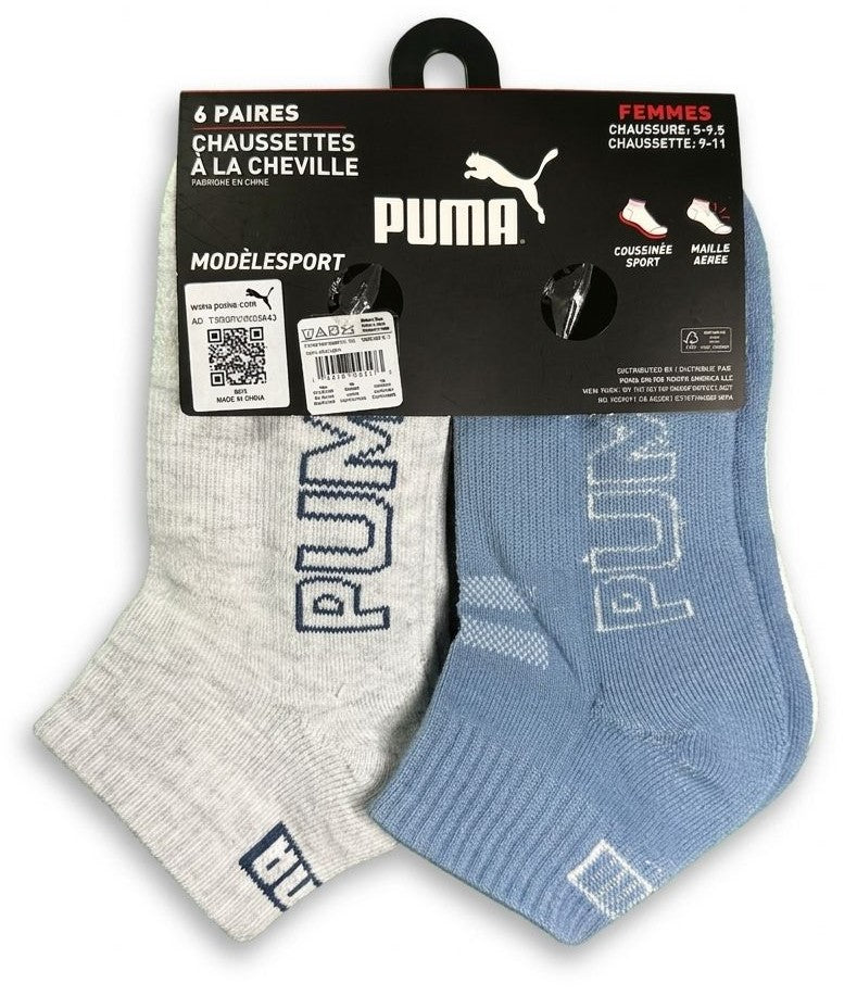 PUMA SOCKS WOMEN'S - QUARTER 263 - SLATE WHITE BLUE - SHOE SZ 5-9.5 -PACK 6