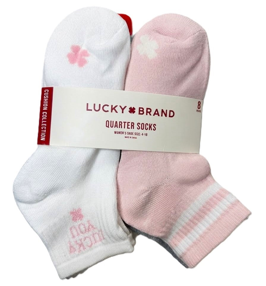 LUCKY BRAND SOCKS WOMEN'S - QUARTER CUT 263 - PINK CREAM - SHOE SZ 4-10 -PACK 8