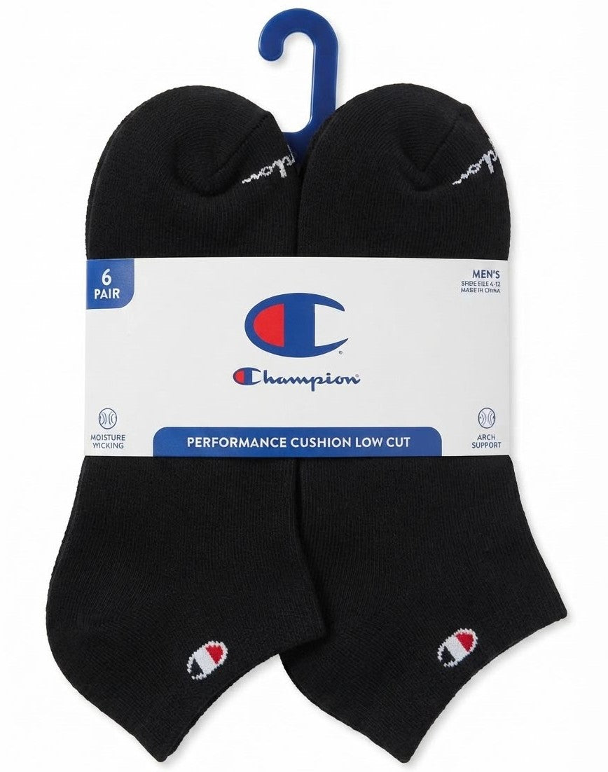 CHAMPION SOCKS MEN'S - LOW CUT - SOLID 263 - BLACK - LARGE (6-12) PACK 6 XX