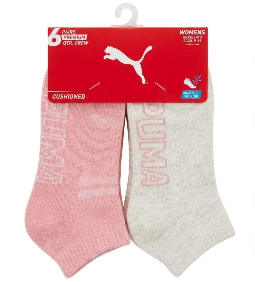 PUMA SOCKS WOMEN'S - QUARTER 263 - SLATE PEACH CREAM - SHOE SZ 5-9.5 -PACK 6