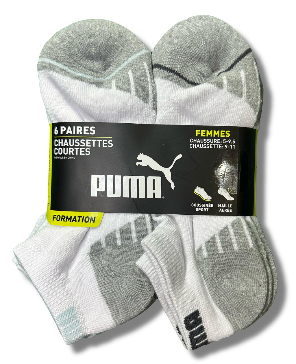 PUMA SOCKS WOMEN'S - LOW CUT 253 - ASHY WHITE GRAY - SHOE SZ 5-9.5 - PACK 6