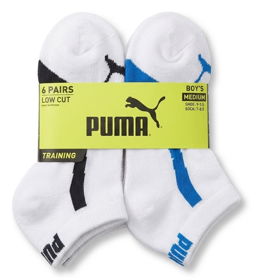 PUMA SOCKS BOYS X6 - LOW CUT 243 - PIPE WHITE BLUE MEDIUM SZ SHOE 9-3.5 - 6 PACK