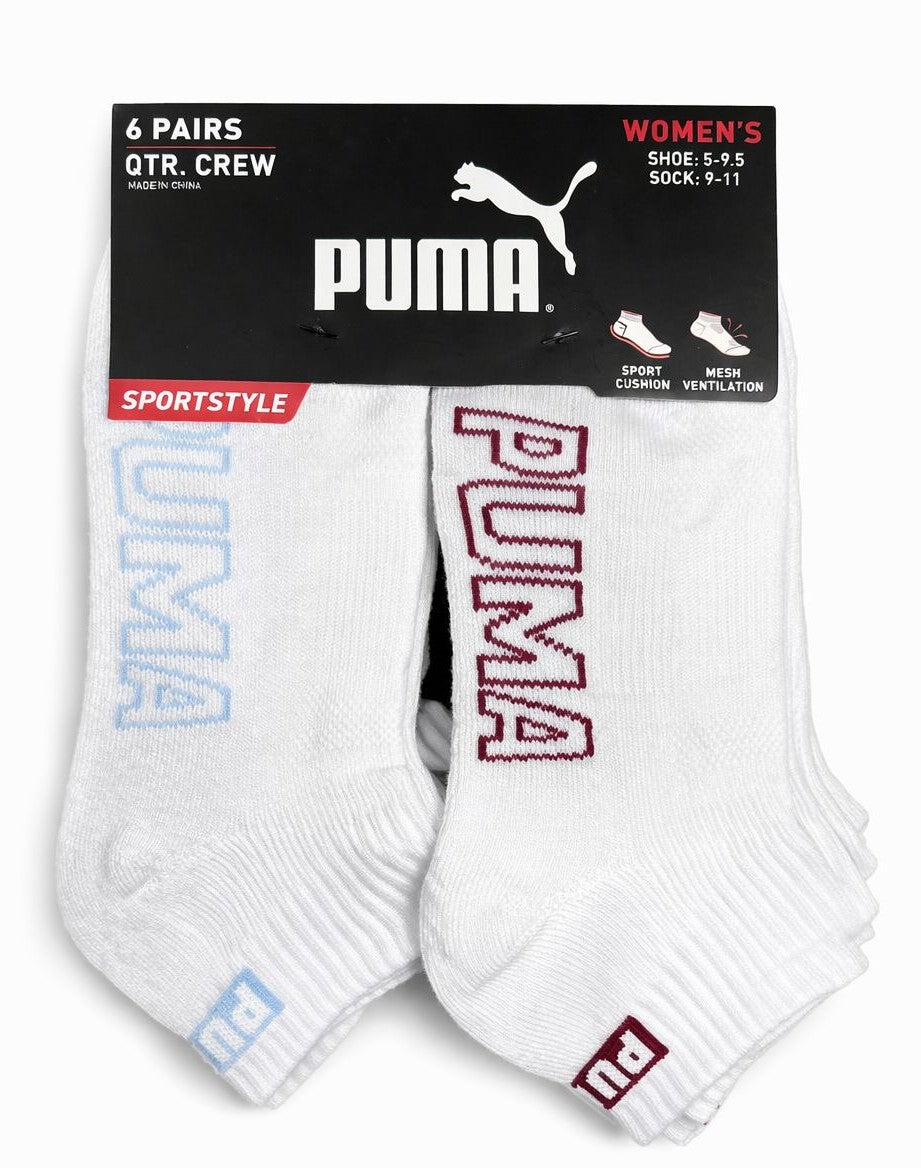 PUMA SOCKS WOMEN'S - QUARTER 253 - SLATE WHITE WINE - SHOE SZ 5-9.5 -PACK 6