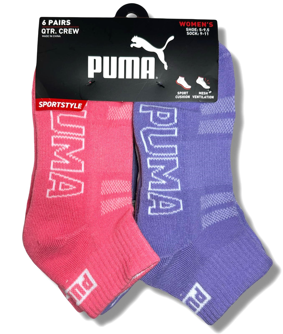 PUMA SOCKS WOMEN'S - QUARTER 253 - SLATE DK PINK PURPLE - SHOE SZ 5-9.5 -PACK 6