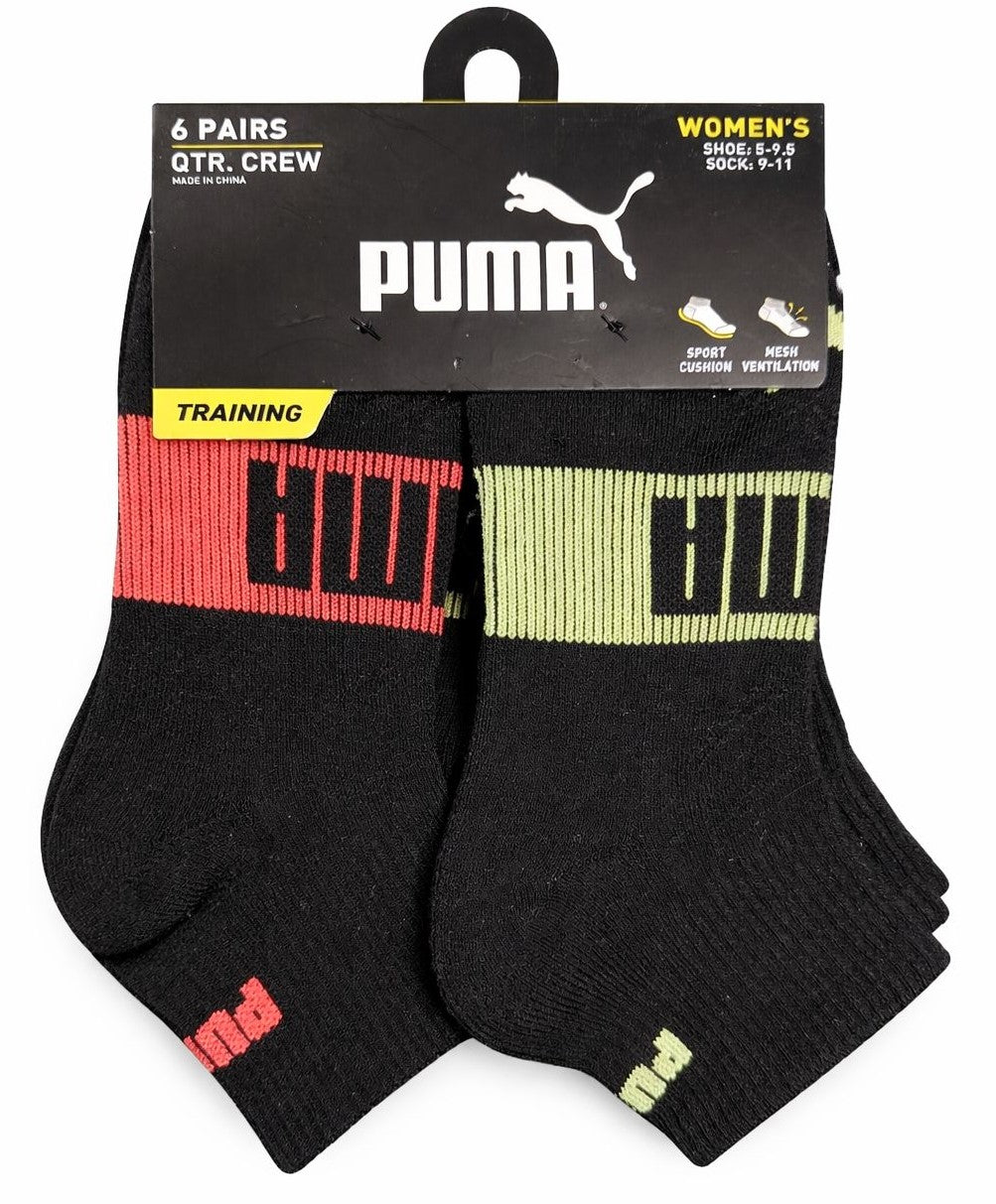 PUMA SOCKS WOMEN'S - QUARTER 263 - EDGE BLACK PINK - SHOE SZ 5-9.5 - PACK 6
