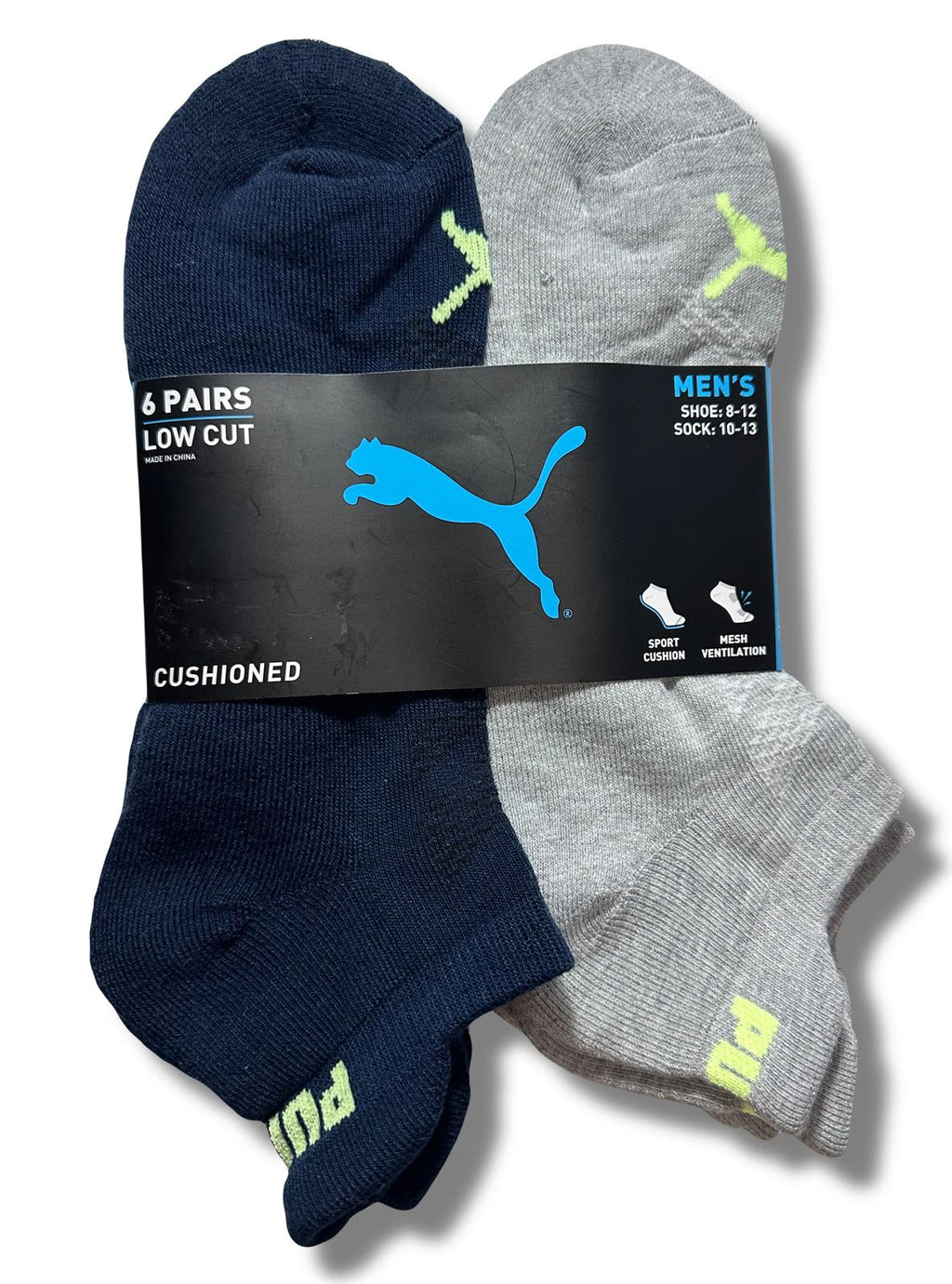 PUMA SOCKS MEN'S - LOW CUT - EDGE 243 - BLUE LIME - LARGE (10-13) PACK 6 XX