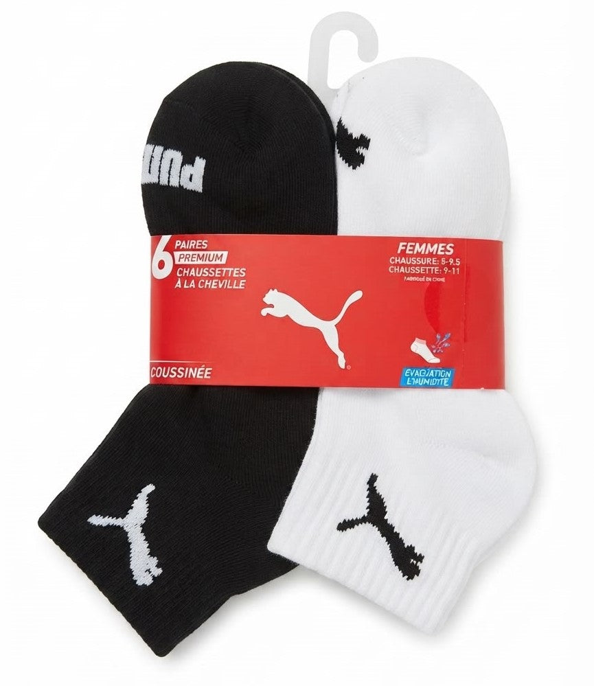 PUMA SOCKS WOMEN'S - QUARTER 263 - SOLID WHITE BLACK - SHOE SZ 5-9.5 - PACK 6