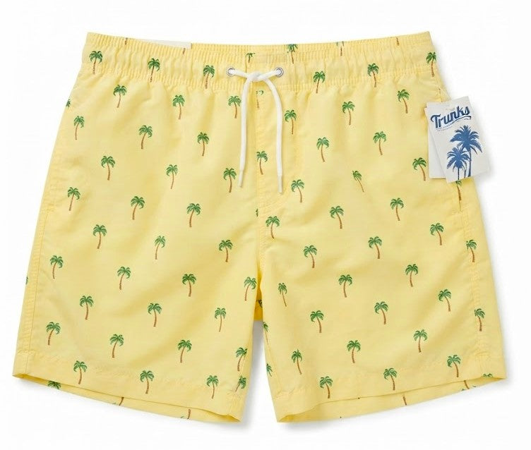 TRUNKS SWIMSUIT MENS - YELLOW PALMS SZ LARGE - BOARD SHORTS SWIM