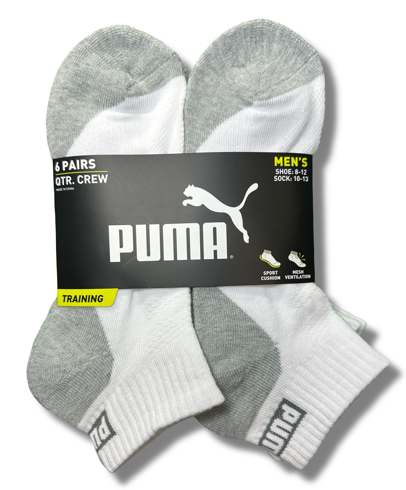 PUMA SOCKS MEN'S - QUARTER CUT - NEXO 253 - WHITE GREY - LARGE (10-13) PACK 6 XX