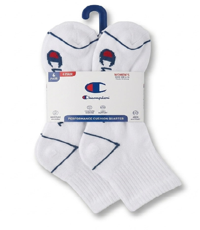 CHAMPION SOCKS WOMEN'S - QUARTER CUT - 263 WHITE SOLID 4 - SHOE SZ 5-9 PACK 6