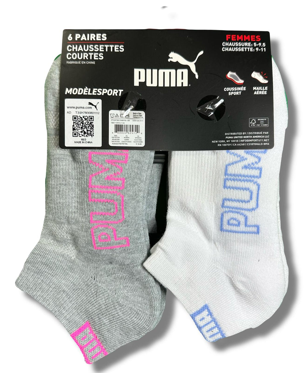 PUMA SOCKS WOMEN'S - LOW CUT 253 - SLATE WHITE GREY - SHOE SZ 5-9.5 -PACK 6