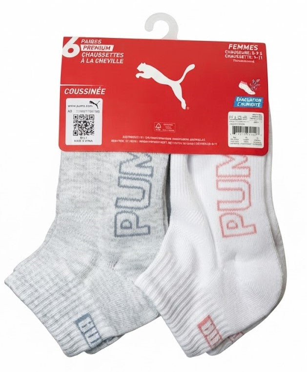 PUMA SOCKS WOMEN'S - QUARTER 263 - SLATE PEACH BLUE - SHOE SZ 5-9.5 -PACK 6