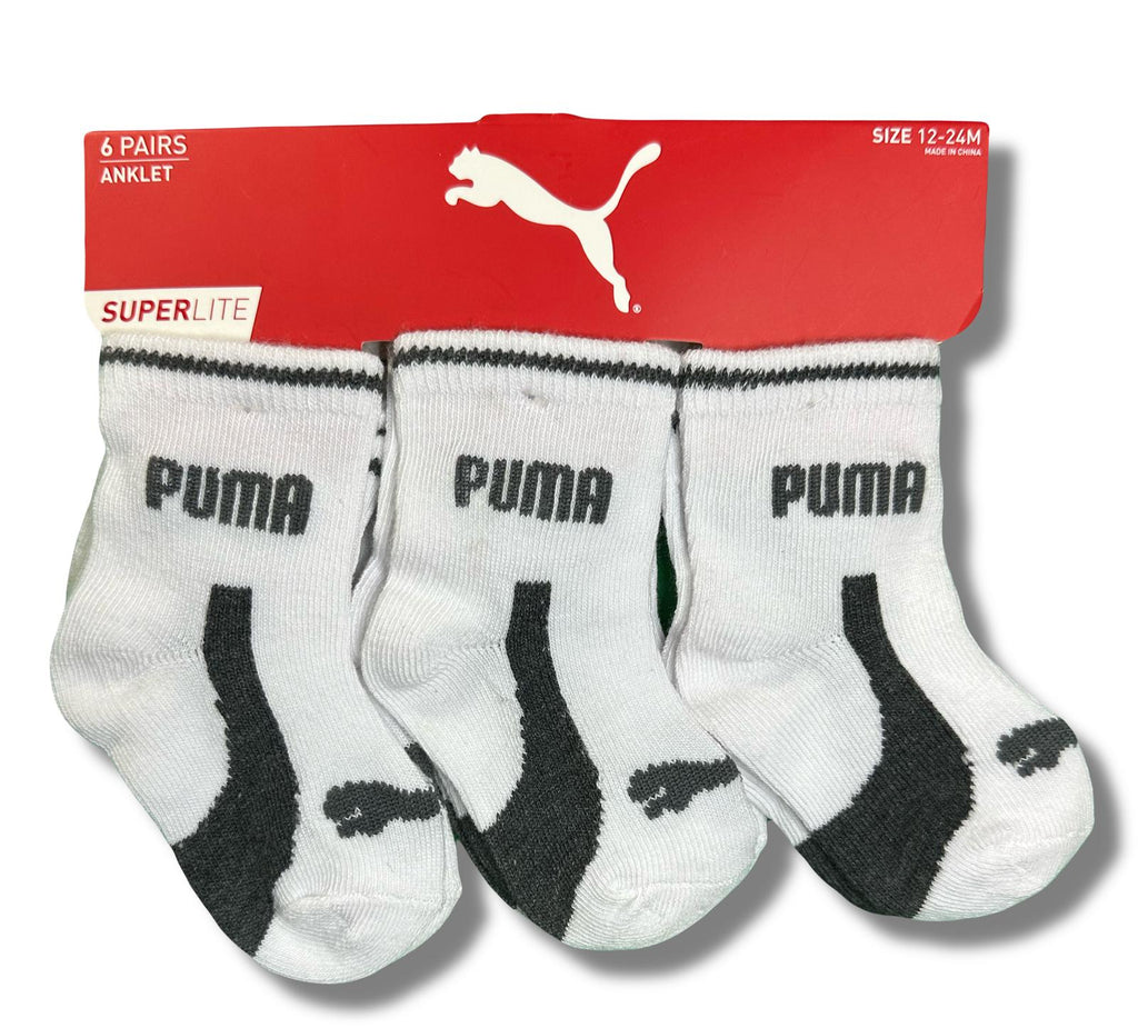 PUMA SOCKS BOYS X6 - ANKLET 253 WHITE GRAY - SZ 12 - 24 MONTHS-BABY ANKLE 6 PACK