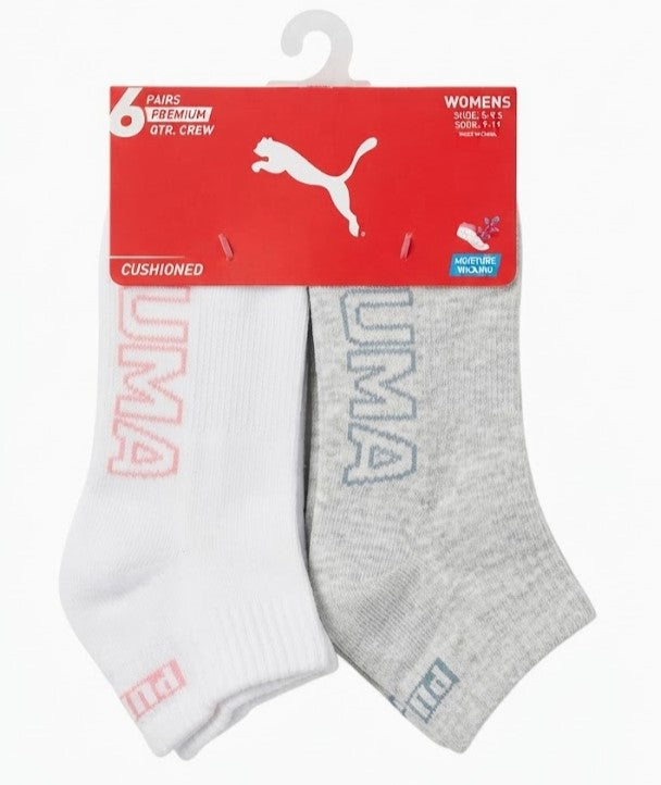 PUMA SOCKS WOMEN'S - QUARTER 263 - SLATE PEACH BLUE - SHOE SZ 5-9.5 -PACK 6
