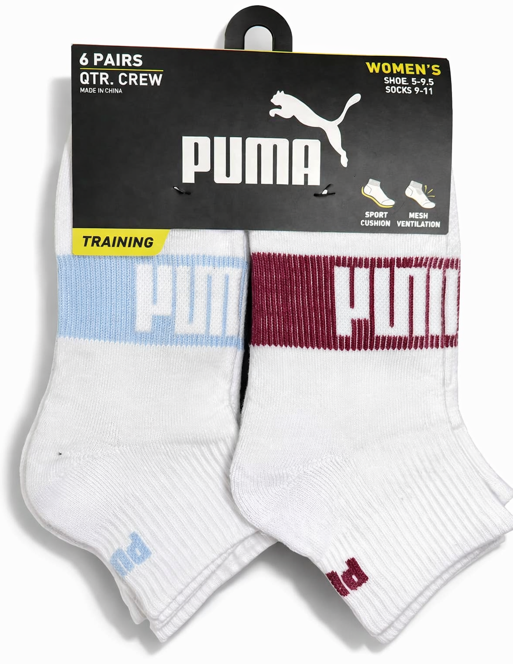 PUMA SOCKS WOMEN'S - QUARTER 263 - EDGE WHITE BLUE WINE - SHOE SZ 5-9.5 - PACK 6