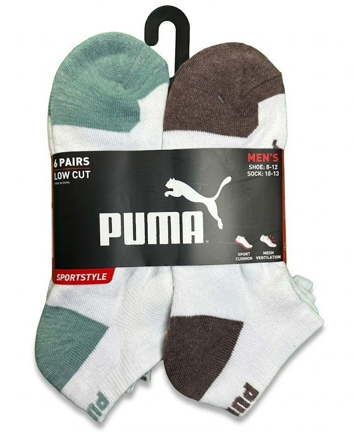 PUMA SOCKS MEN'S - LOW CUT - EVEN 263 - WHITE GREEN BRO- LARGE (10-13) PACK 6 XX