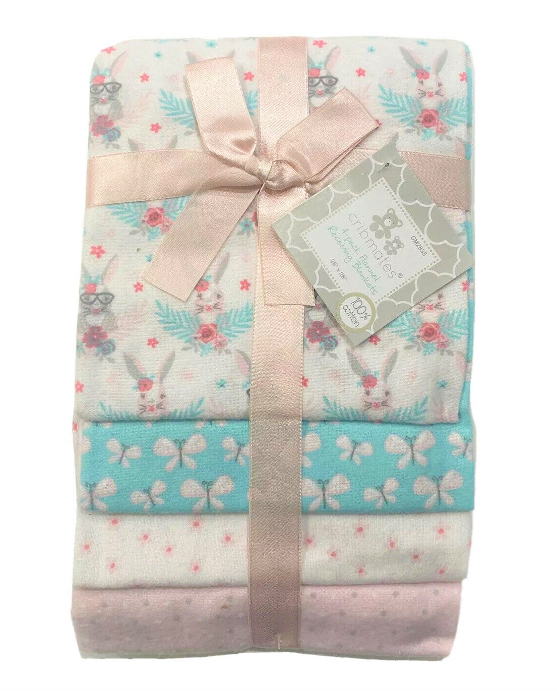 RECEIVING X4 - CRIBMATES GIRLS - BUNNY GLASSES PINK -BLANKETS COTTON 4 PACK BABY