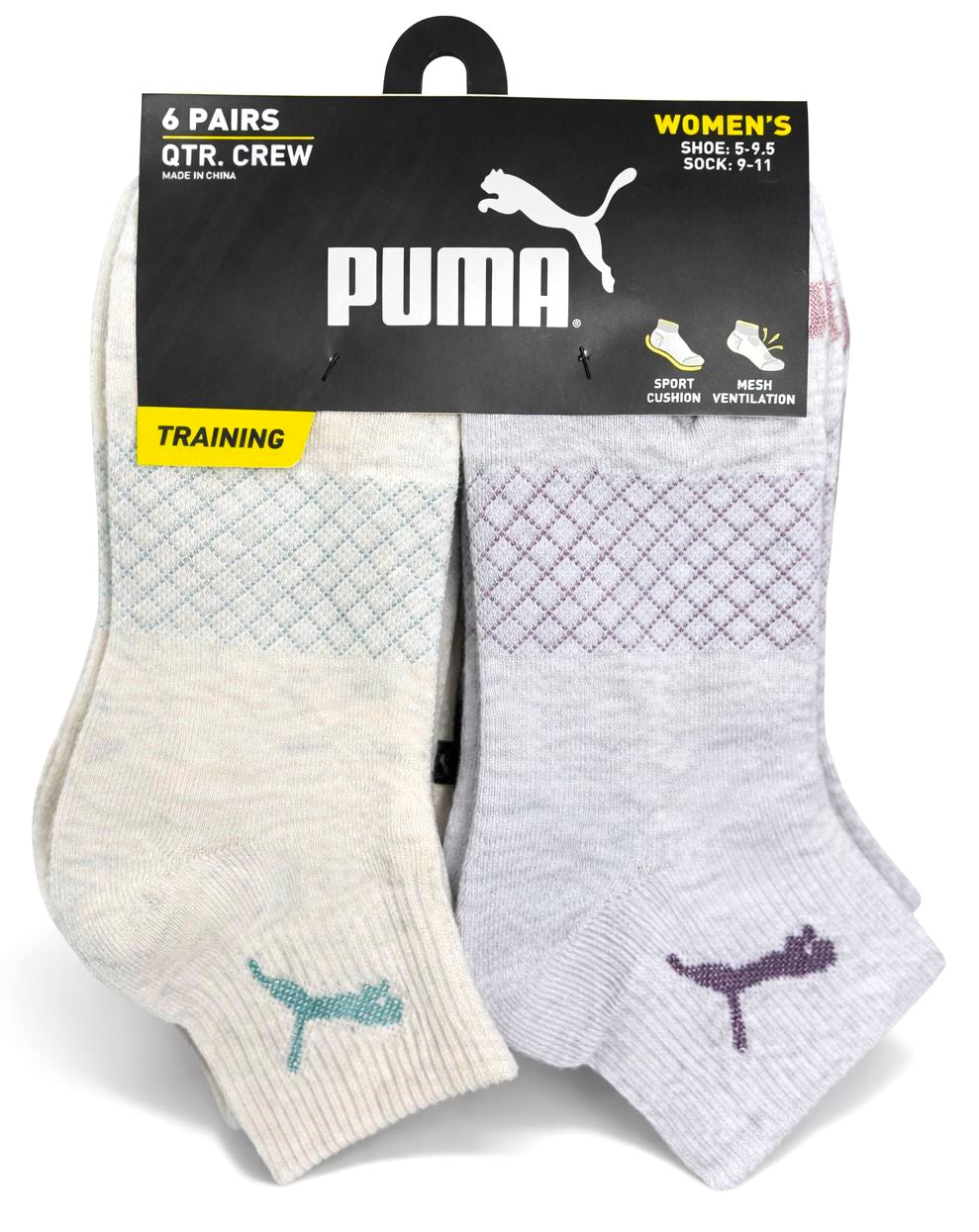 PUMA SOCKS WOMEN'S - QUARTER 263 - NET VANILLA PLUM - SHOE SZ 5-9.5 - PACK 6