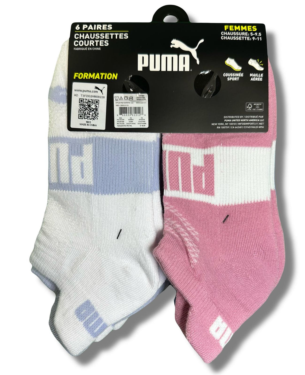 PUMA SOCKS WOMEN'S - LOW CUT 253 - EDGE BLUE PINK - SHOE SZ 5-9.5 -PACK 6