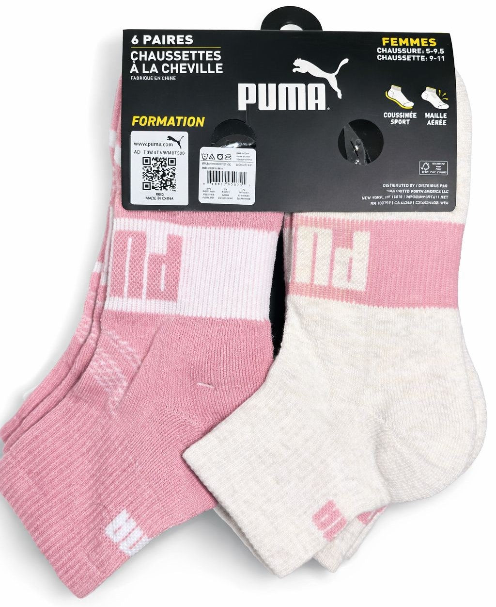 PUMA SOCKS WOMEN'S - QUARTER 263 - EDGE PINK PINK - SHOE SZ 5-9.5 - PACK 6