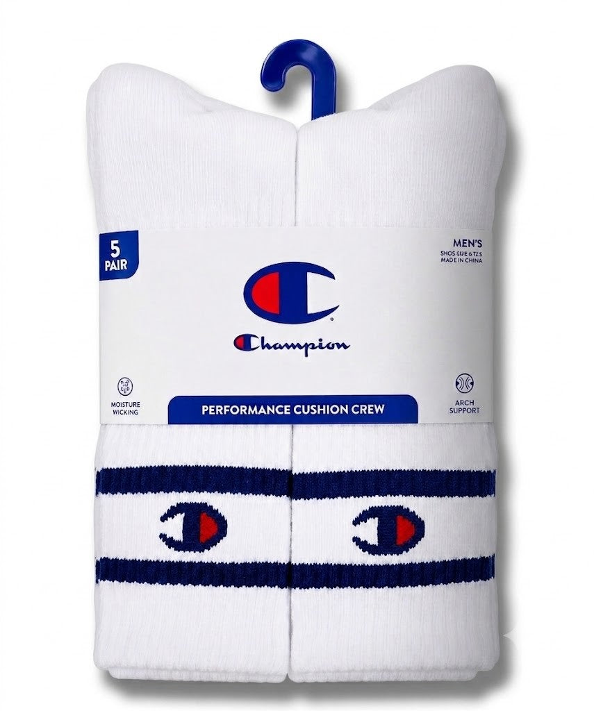 CHAMPION SOCKS MEN'S - CREW 263 - SOLID WHITE STRIPED - LARGE (6-12) PACK 5 XX