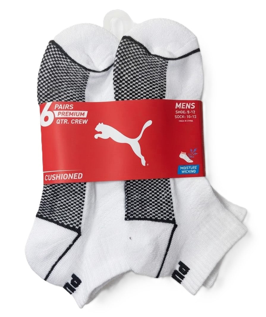 PUMA SOCKS MEN'S - QUARTER 263 - MILO WHITE BLACK - LARGE - PACK 6 XX