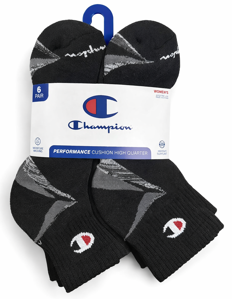 CHAMPION SOCKS WOMEN'S - HIGH QUARTER 263 - BLACK GREY 2 - SHOE SZ 4-10 PACK 6