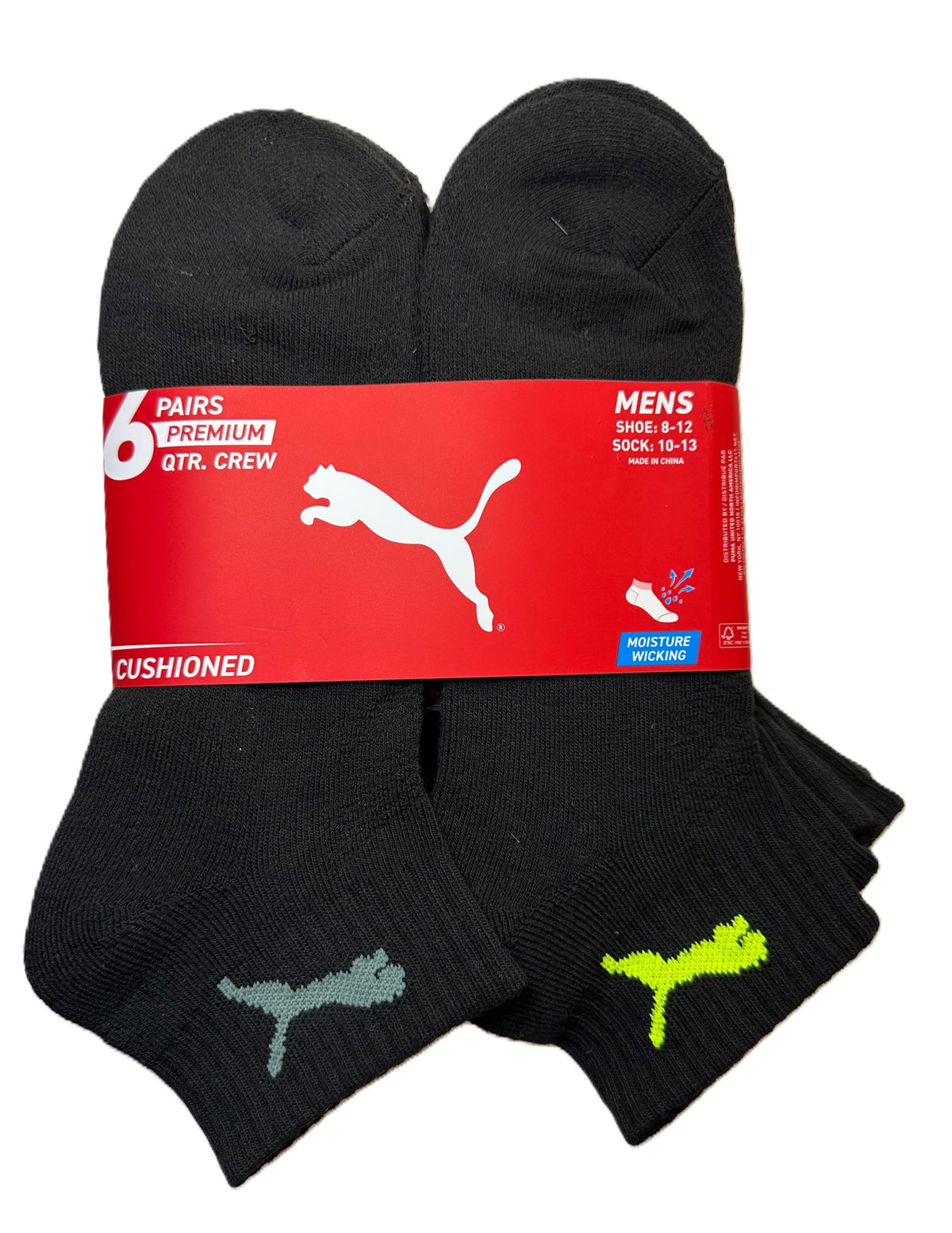 PUMA SOCKS MEN'S - QUARTER 263 - FERN BLACK LIME - LARGE - PACK 6 XX