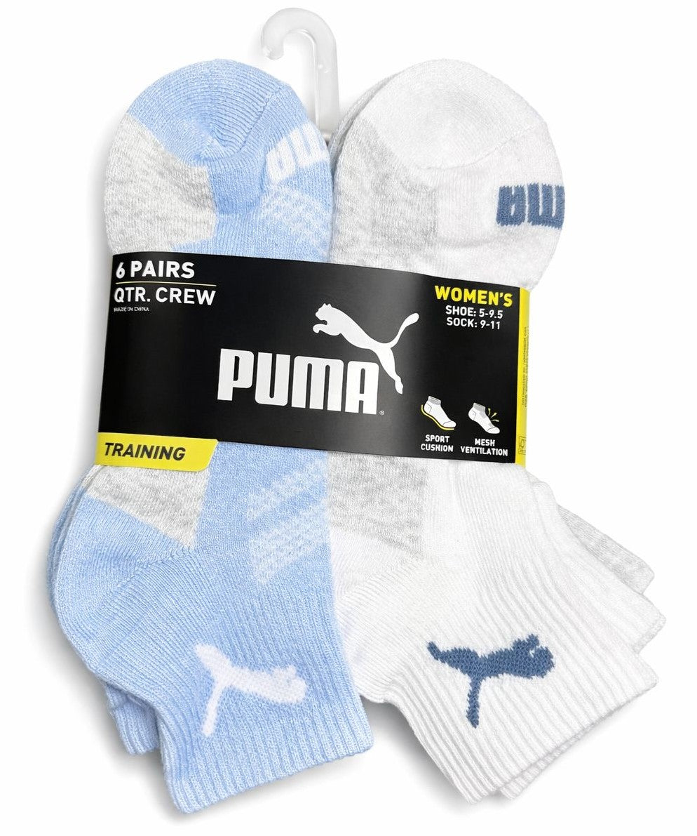 PUMA SOCKS WOMEN'S - QUARTER 263 - EVEN LIGHT BLUE WHITE- SHOE SZ 5-9.5 - PACK 6