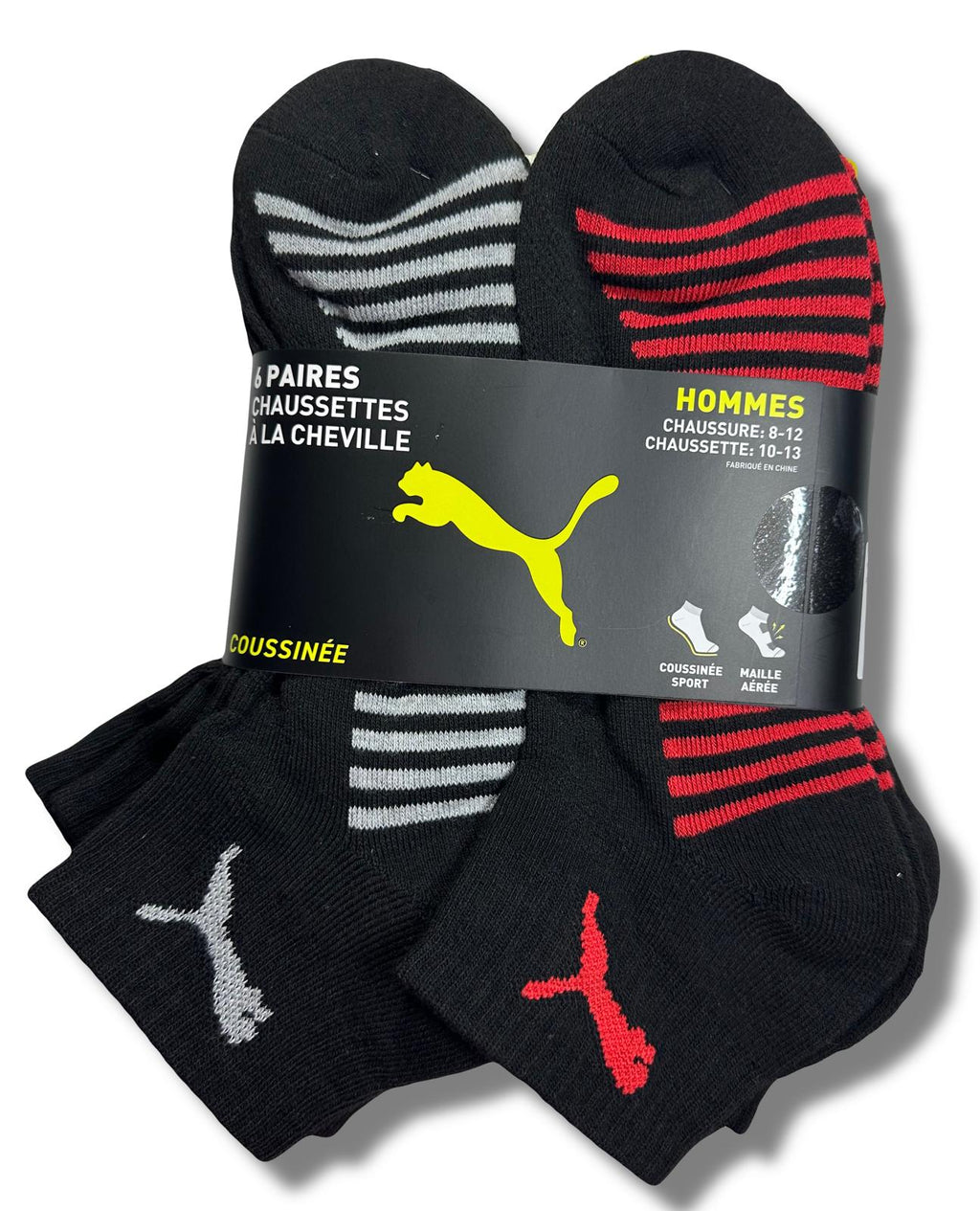 PUMA SOCKS MEN'S - QUARTER CUT - BLISS 253 - BLACK RED - LARGE (10-13) PACK 6 XX