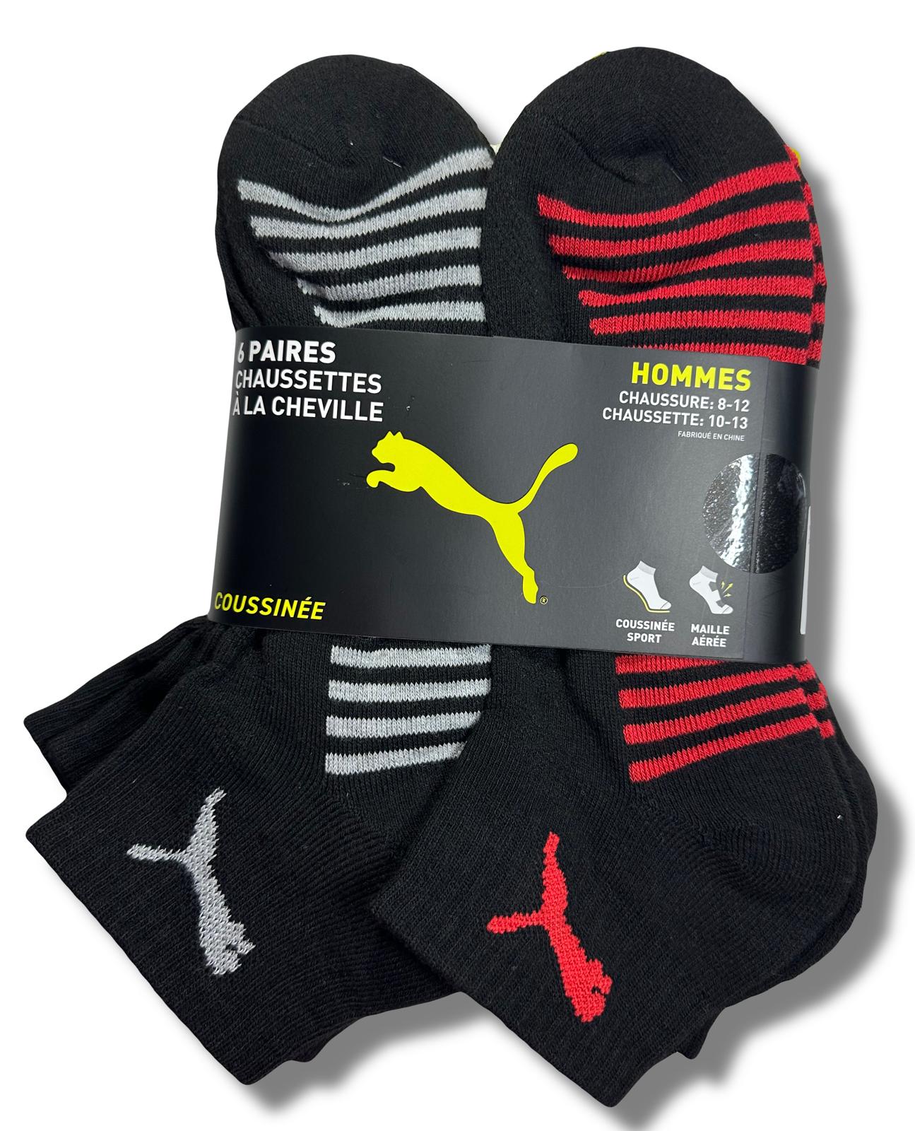 PUMA SOCKS MEN'S - QUARTER CUT - BLISS 253 - BLACK RED - LARGE (10-13) PACK 6 XX