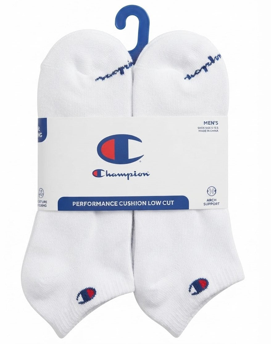 CHAMPION SOCKS MEN'S - LOW CUT - SOLID 263 - WHITE - LARGE (6-12) PACK 6 XX
