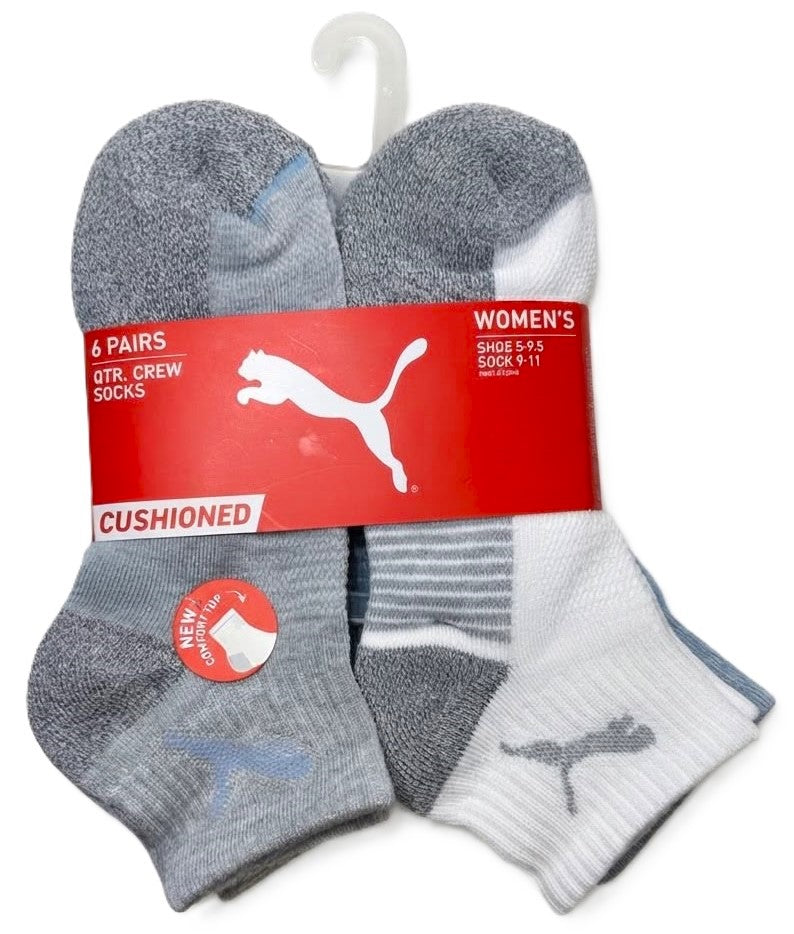 PUMA SOCKS WOMEN'S - QUARTER 263 - KROM GREY WHITE - SHOE SZ 5-9.5 - PACK 6