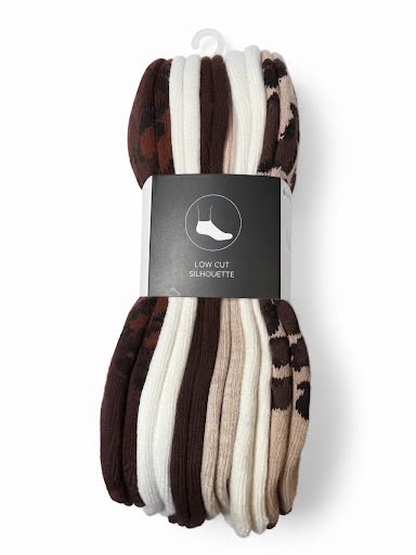 NINE WEST SOCKS WOMEN'S - LOW CUT 263 - ANIMAL PRINT BROWN BEIGE - PACK 6