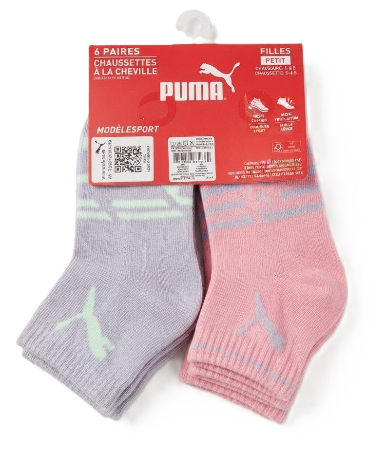 PUMA SOCKS GIRLS X6 - QUARTER CUT 263 - CATY GREEN PINK- SMALL SHOE 4-8.5 6 PACK