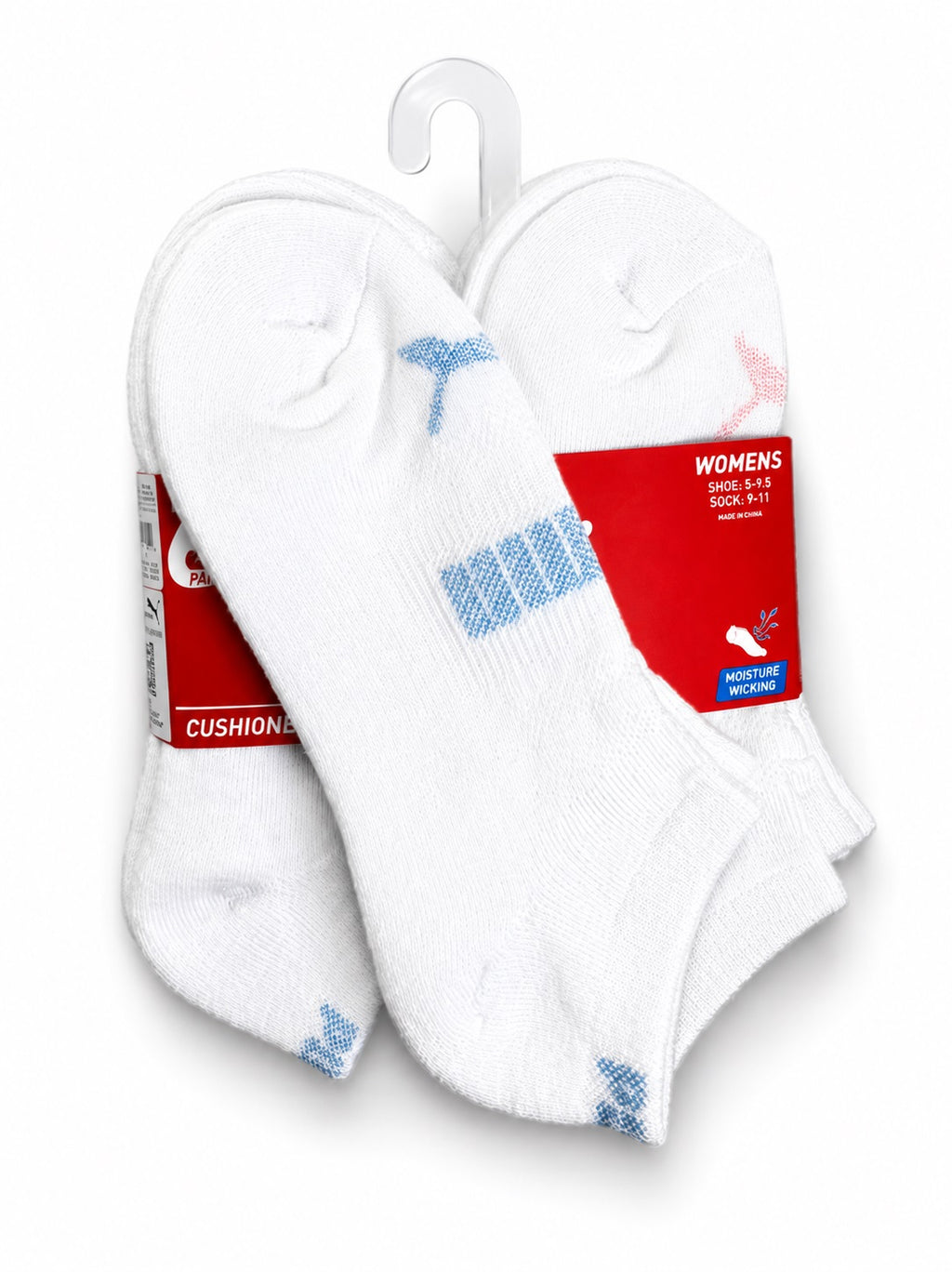 PUMA SOCKS WOMEN'S - LOW CUT 263 - FERN WHITE BLUE PINK S- SHOE SZ 5-9.5 -PACK 6
