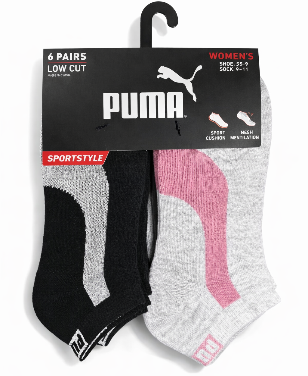 PUMA SOCKS WOMEN'S - LOW CUT 263 - PIPE BLACK PINK - SHOE SZ 5-9.5 - PACK 6