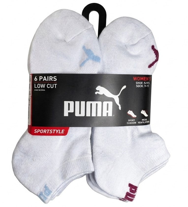 PUMA SOCKS WOMEN'S - LOW CUT 263 - SOLID WHITE LIGHT BLUE - SHOE SZ 5-9.5 -PACK 6