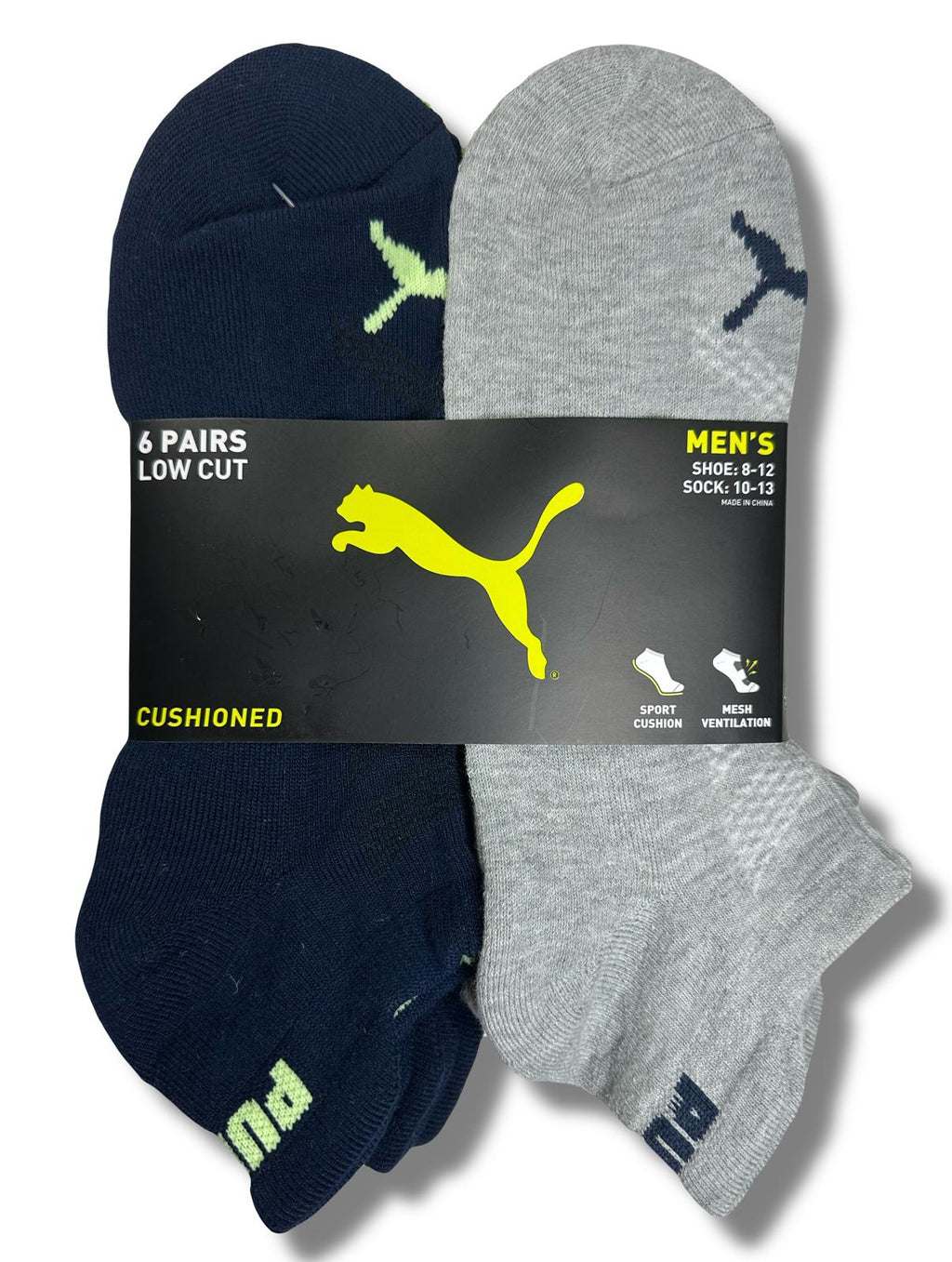 PUMA SOCKS MEN'S - LOW CUT - EDGE 243 - BLUE LIME 2 - LARGE (10-13) PACK 6 XX